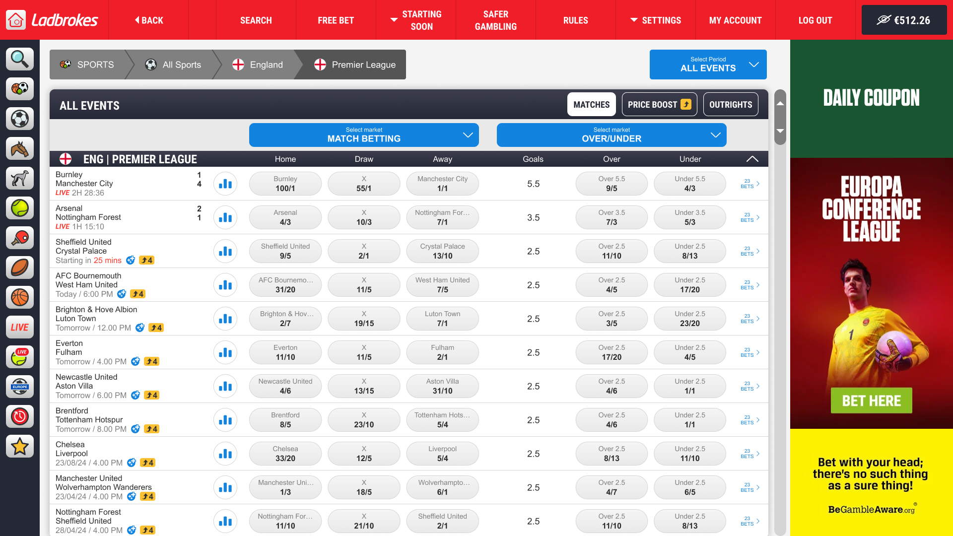 BetStation competition view — match list with 1X2 odds and starting-soon indicators