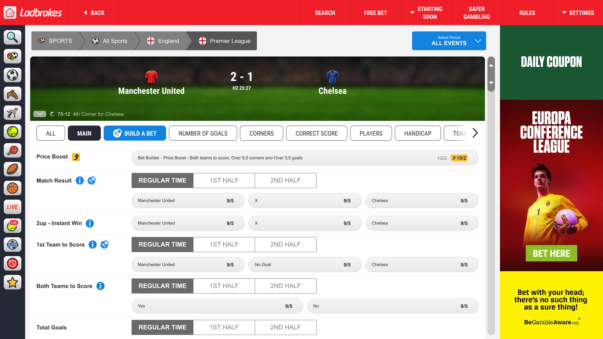 BetStation football live screen — inline odds, live scores, and market tabs