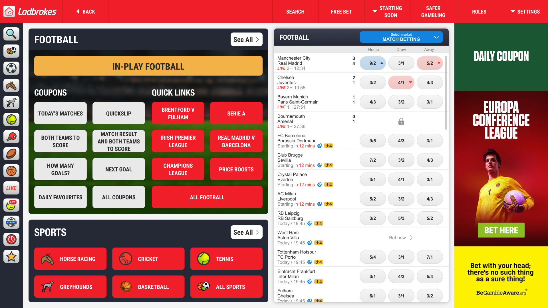 BetStation splash screen — sport-first entry points with prominent Football and Racing tiles
