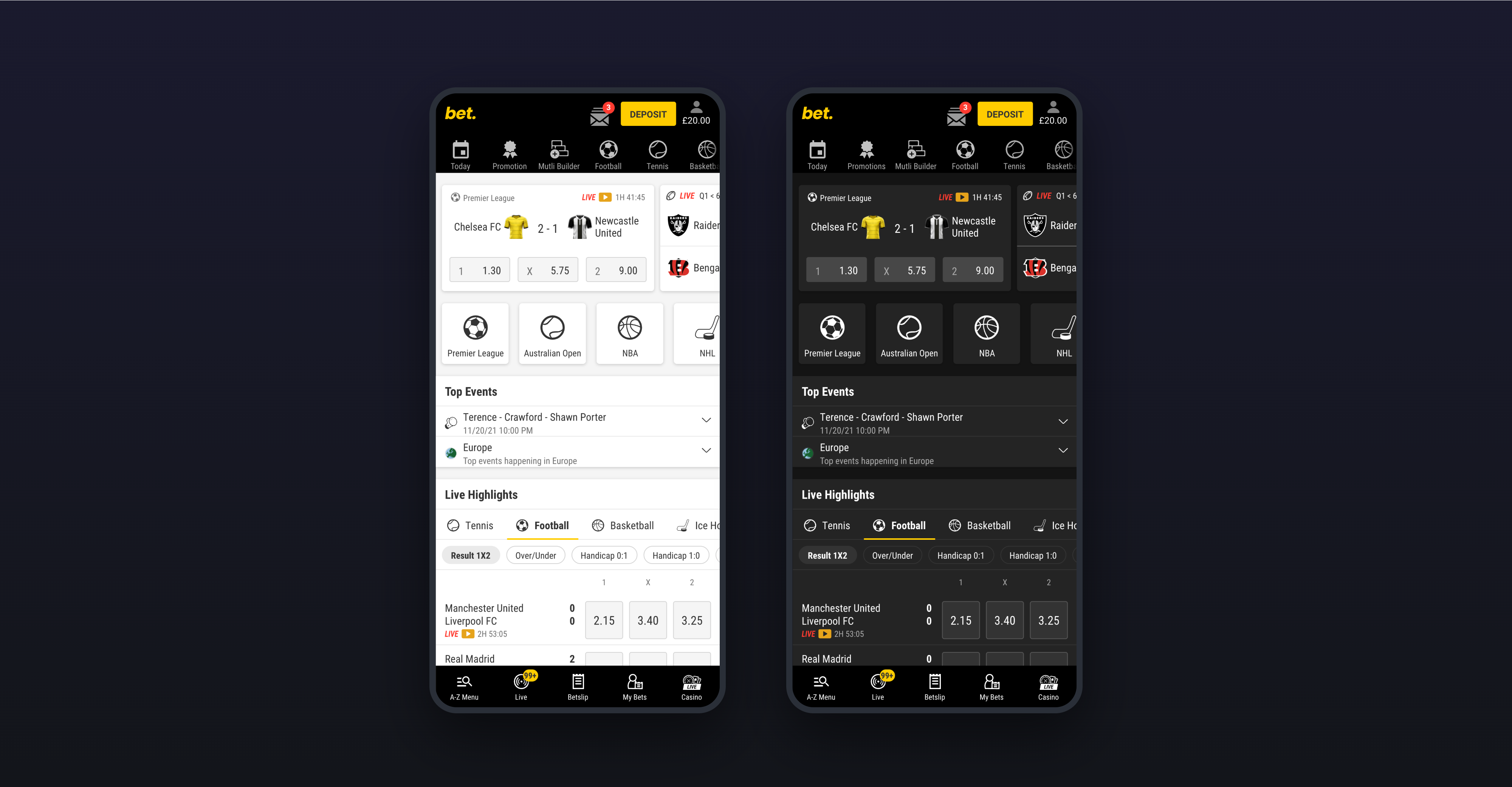 bwin V6 dark mode — betting interface with dark theme across mobile screens